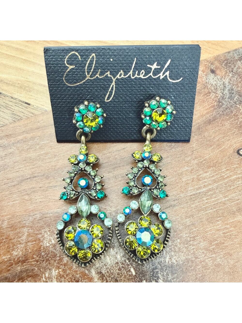 Elizabeth Y2K Green Rhinestone Floral Dangle Earrings Fairycore